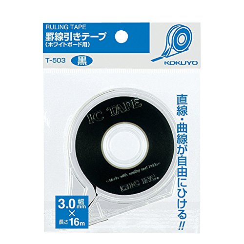 Image of KOKUYO Whiteboard Tape, Width 1 /8 Inch (3mm) Graphic Tape with Dispenser, Length 52 Ft (16m) Thin Pinstripe Line Tape Black Dry Erase White Board Accessories for Grid Bar Chart, Japan Import (T-503)