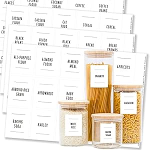 v2croft 180 stuks keukenetiketten voor containers, voorgedrukte zwarte tekst op mat witte achtergrond van vinyl voor potten, dozen en opbergdozen (waterbestendig)