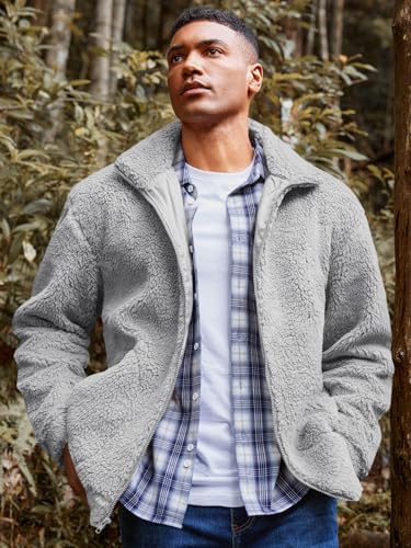 Runcati Mens Fuzzy Sherpa Jacket Long Sleeve Fleece Zip Up Coat Fall Winter Warm Outwear3