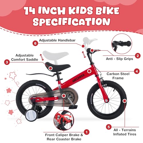 Image of MEGHNA 2 in 1 Toddler Balance Bike 14 inch Wheel Kids Bike Aged 3-7 Years Old with Footrest Detachable Training Wheels Caliper and Coaster Brake Strider Bike for Boys Girls, Easy to Assembly