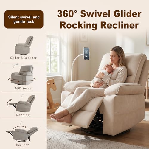 Image of 360 Swivel Glider Rocking Chair Nursery， Oversized Recliner with Phone Holder，Nursing Chairs for Breastfeeding with Wide Foot Rest for Living Room and Baby Room,Beige