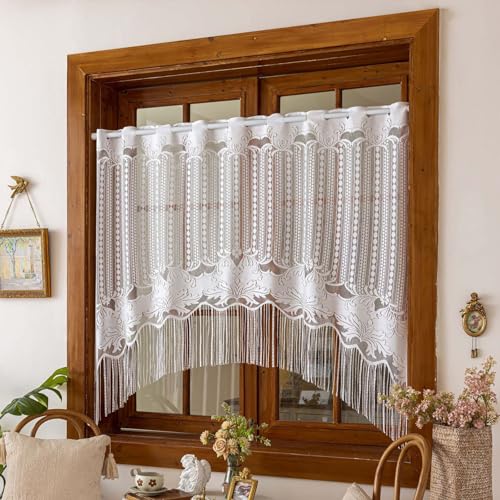 Cortina transparente para cocina con cenefa blanca y flecos elegantes 6