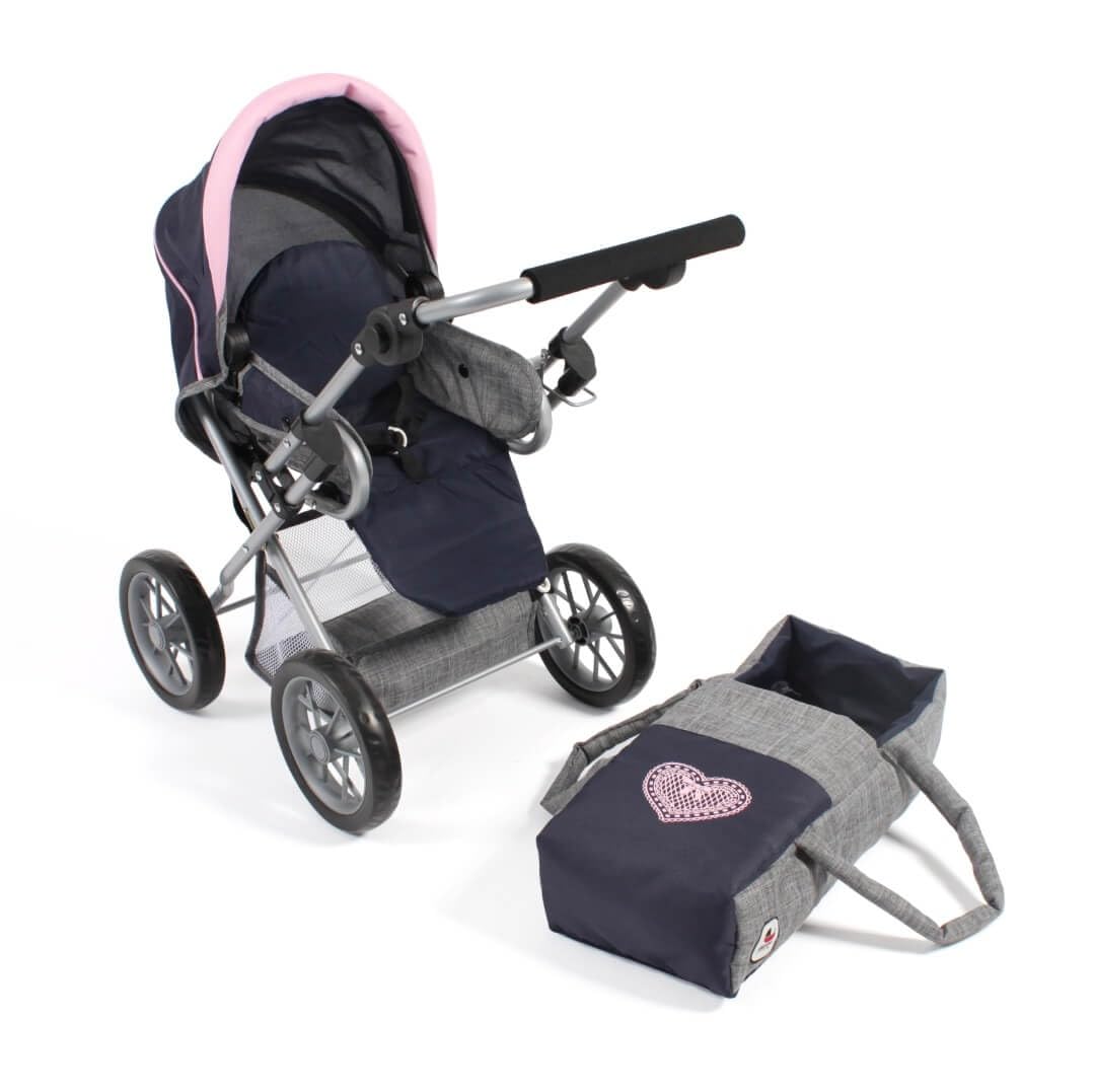 Bayer Chic 2000 - Passeggino per bambole Leni, passeggino combinato 2 in 1 con custodia rimovibile, grigio melange, rosa