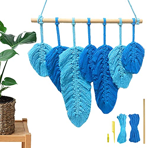 Feather Macrame-Kit for Beginners-Adults Kids Macramè Wall Hanging Starter Kit with Cotton Ropes and Stickers, Boho Wall Decor for Nursery Room, Bedroom, Living Room (Sky Blue) (Sky Blue)