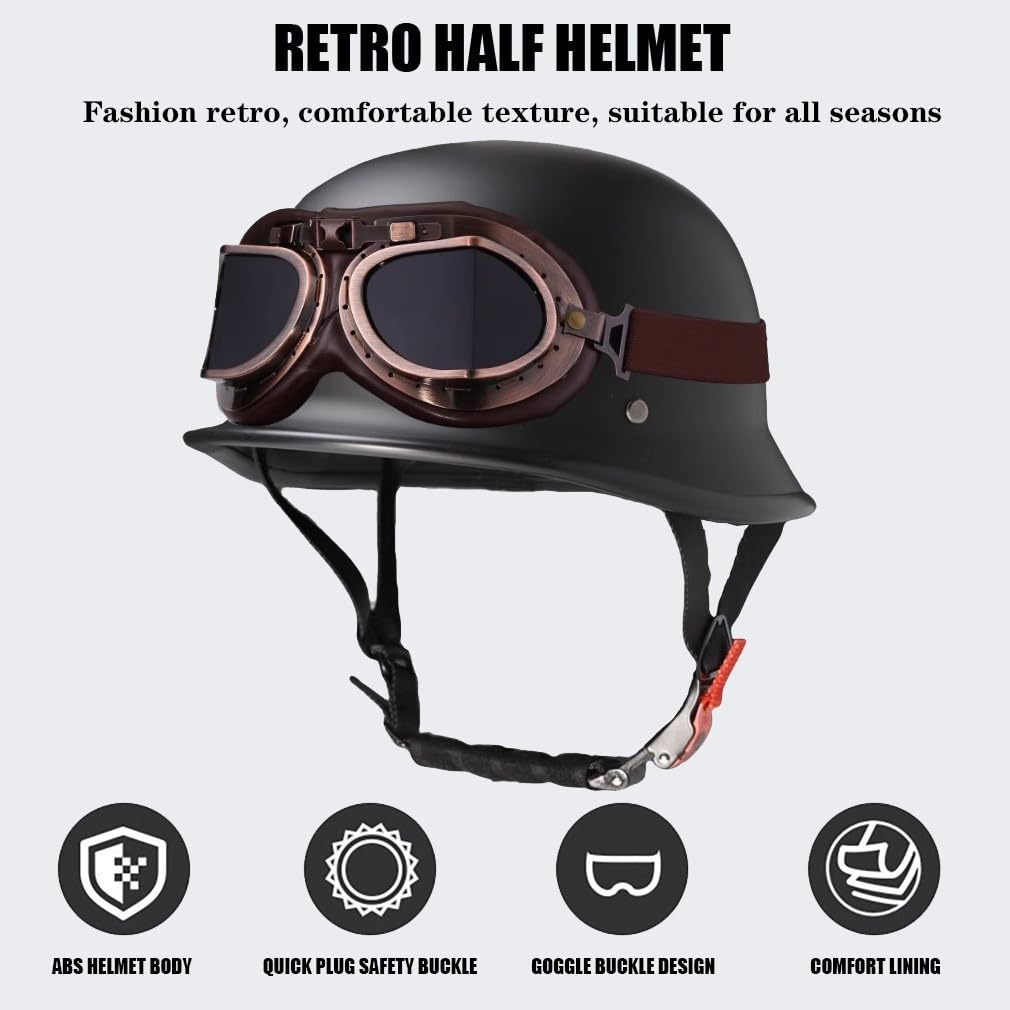 Vintage Deutsche Motorrad Halbhelme Jethelm, Halbschalenhelm mit ECE, Retro Motorradhelm mit Schutzbrille Roller Fahrrad Cruiser Chopper Moped Scooter Helm für Damen Herren 57~66CM