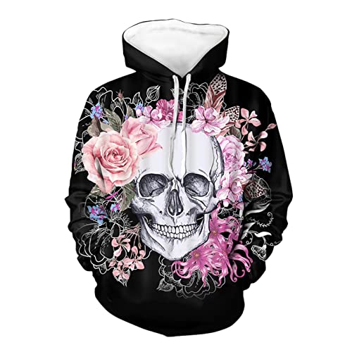 doginthehole Women Pullover Hoodies Sweatshirt Fashion Graphic Skull Flower Pattern Youth Girls Hooded Long Sleeve Sweatshirts with Pocket Plus Size Black
