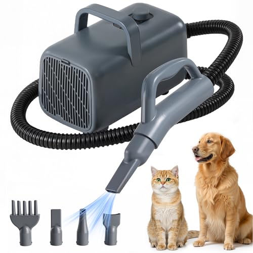 KMFurnila Dog Hair Dryer, Grooming Heat 1550W High Velocity Pet Blow Dryer, Speed Temperature Adjustable Dog Blower Grooming Dryer with 4 Nozzles
