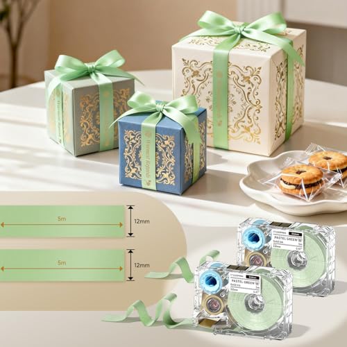 Phomemo A30 P15 Exklusives dekoratives schwarzes bedrucktes hellgrünes Band mit Gurtband zum Geschenkeinpacken, Hochzeitsstrauß, DIY-Bastelarbeiten, Valentinstagsdekoration, 12mm x 5m, Packung mit 2