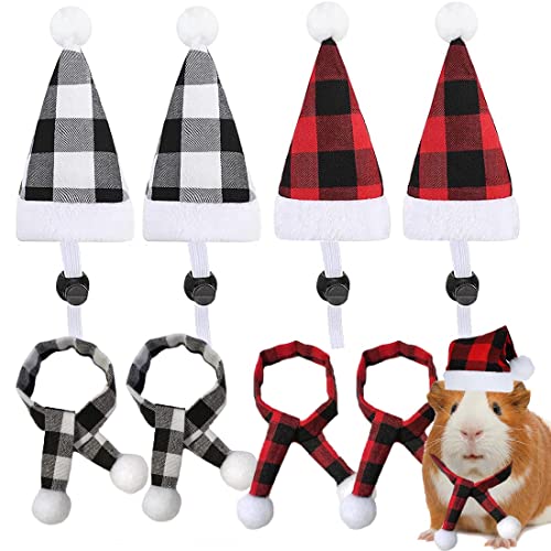 8 Pack Christmas Guinea Pig Costume Mini Santa Plaid Hat With Buffalo Plaid Scarf For Hamster Hedgehog Lizard Bearded Dragon Small Pet Christmas Party Supply #TOP6