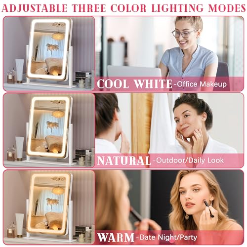 Image of ROLOVE Vanity Mirror with Lights, 12.6 inchx15 inch LED Makeup Mirror with Lights, Smart Touch Control 3 Color Dimmable, Lighted Desk Mirror for Bedroom, Light Up Mirror