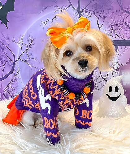 Fitwarm Spooky Halloween Dog Sweater Dress, Holiday Theme Costumes, Dog Clothes For Small Dogs Girl, Cat Apparel, Purple, Large #TOP1