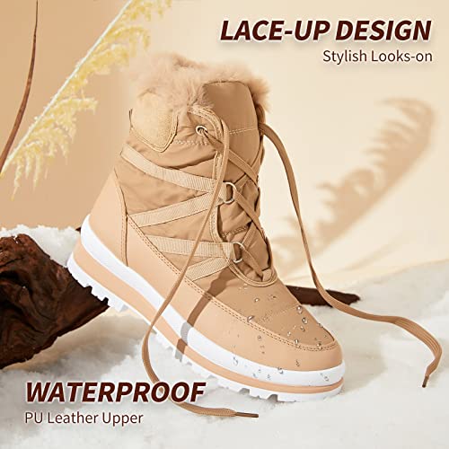 Babudog Womens Warm Fur Lined Mid-Calf Boots Waterproof Winter Snow Boots Non-Slip Lace Up Combat Boots(Apricot.us9) #TOP2