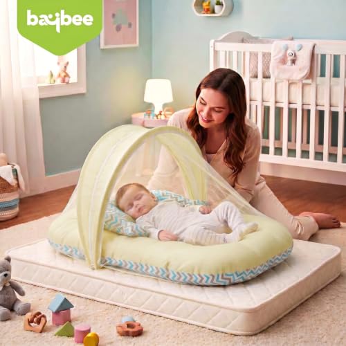 Image of BAYBEE Baby Bedding Set for New Born Baby, Bed Mattress with Mosquito Net & Neck Pillow, Sleeping Nest Travel, Infant Toddler Bed Set Gifts for Baby Boy Girl 0-6 Months (Green)