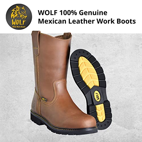 WOLF Work Boot | Water Resiliant Genuine Mexican Cowhide Leather | Oil Resiliant | Insulated | Non-Slip Rubber Sole | Roper Boot | Dual Pullers | Construction | Industrial PPE2