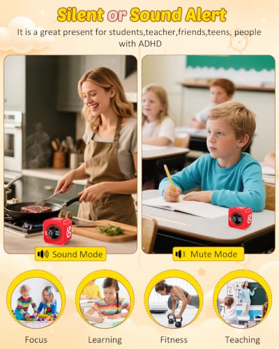 Image of Digital Pomodoro Timer Cube 5 /10 /25 /50min Preset, Silent & Sound Alarm | Visual Productivity Flip Timer for Kids Classroom Desk, Custom Countdown, Gravity Sensor, for ADHD Study Work Game Kitchen
