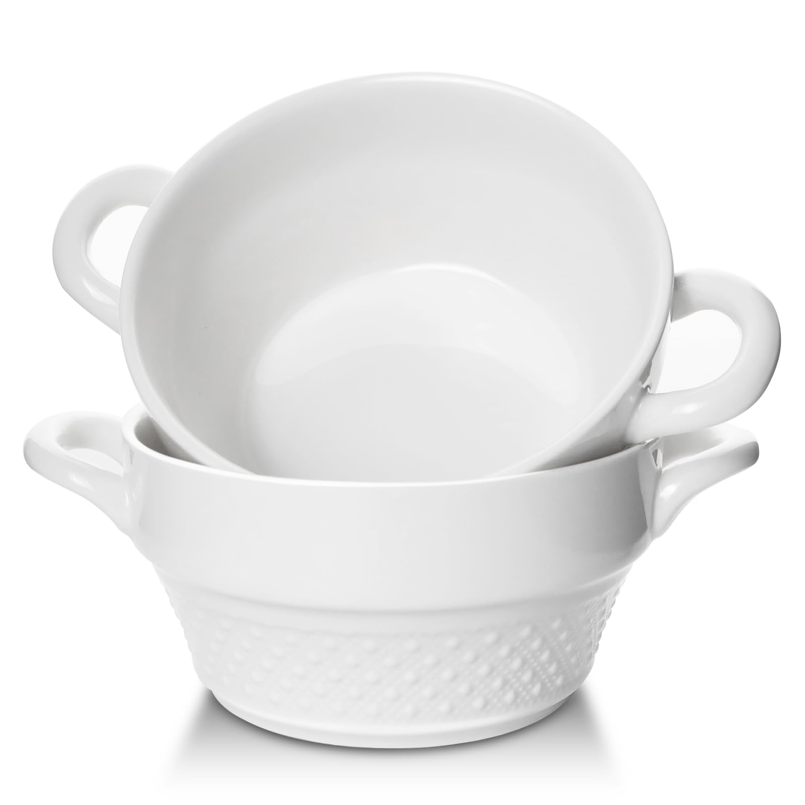 Aleker Ceramic Soup Bowls Breakfast Bowls with Handles Set of 2, 300ml French Onion Soup Bowls Dessert Bowls, Embossed Serving Bowls for Soup, Cereal, Pasta, Quiche, Salad Oven Dishwasher Safe