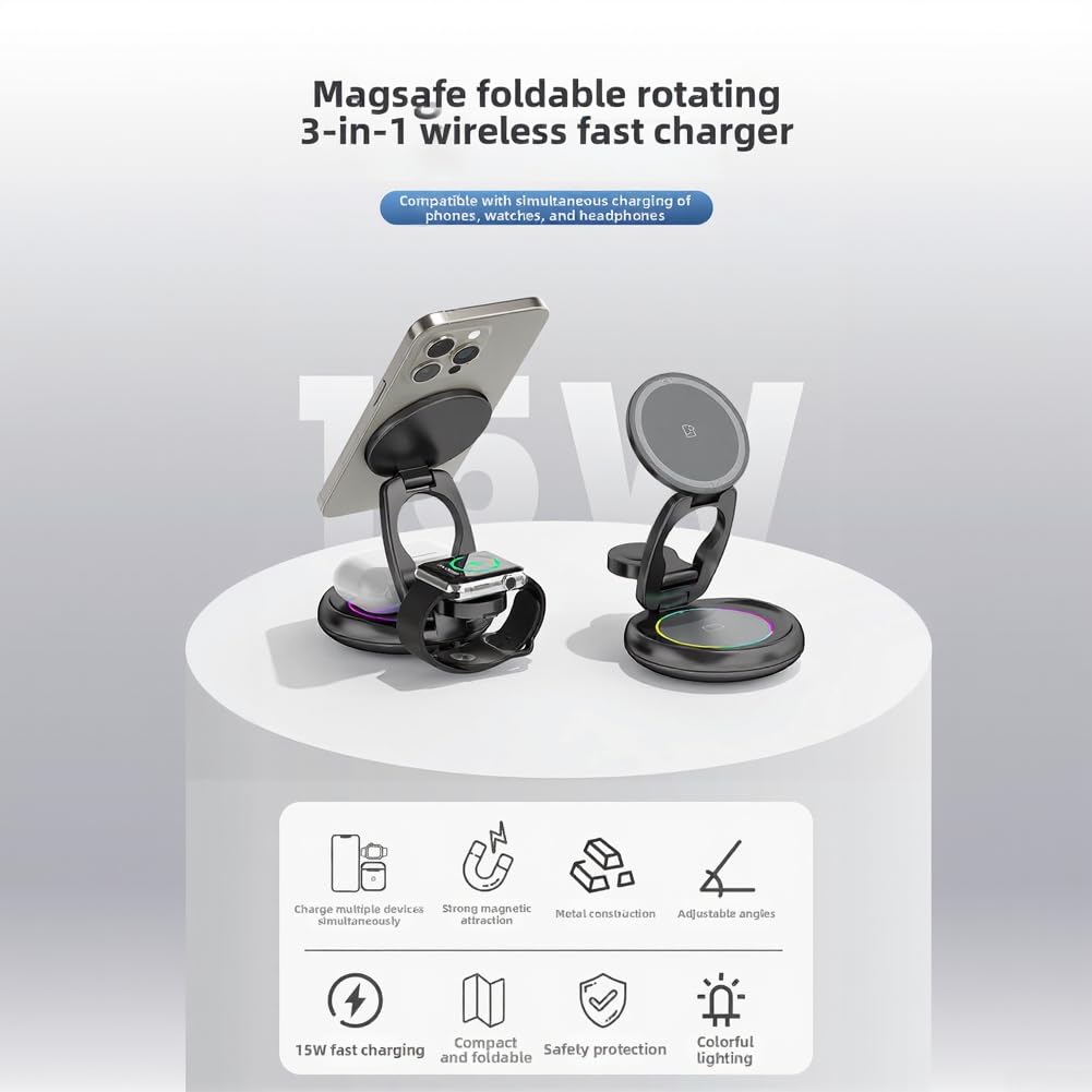 Caricatore wireless pieghevole 3 in 1 da 15 W, design dinamico regolabile per ricarica auricolari iPhone Watch (grigio)