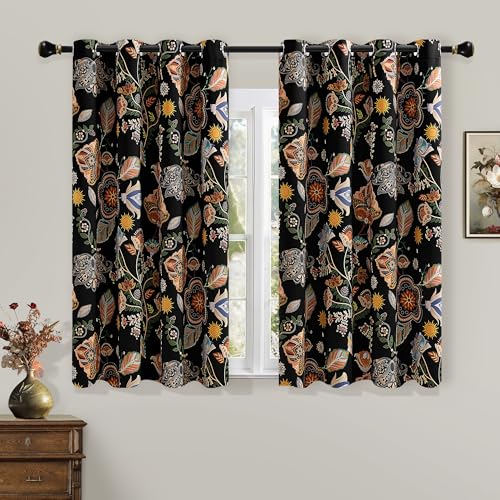 Image of XiDi Black Dark Floral Curtains 63 Inches Long 2 Panels Blackout Patterned | Decorative Curtains Thermal Insulated Luxury Vintage Flower Botanical Printed Drapes Grommet for Living Room Bedroom