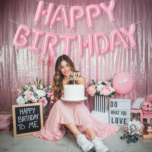 Image of Pink Happy Birthday Balloon Banner, 16 Inch Pastel Pearl Baby Pink Self Inflating Happy Birthday Mylar Foil Balloon, Birthday Bunting Banner Letter Balloons for Girls Women Birthday Party Decorations