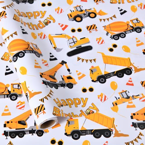 Sikiweiter Construction Truck Birthday Wrapping Paper Roll - Yellow Trucks Cones and Balloons Design - 17 inch x 16.5 feet(Construction)
