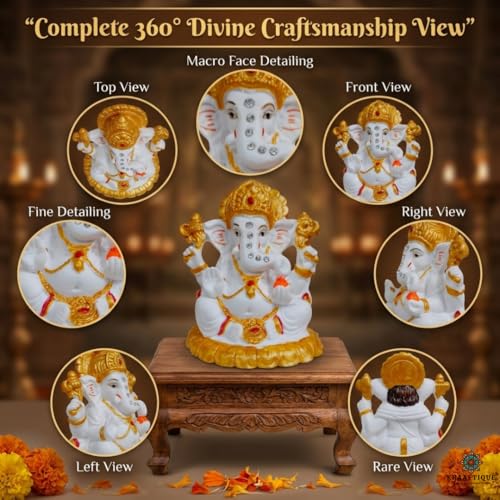 Image of Marble Finish Lord Ganesh Idol for Home Temple | Ganpati Bappa Murti with Stone Work | Ganesh Ji Statue for Puja Room, Office Desk, Car Dashboard | Diwali Gift, Housewarming Decor