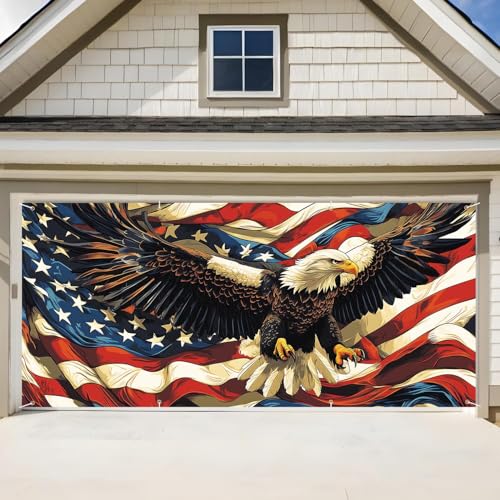 ANNA QUEEN American Flag Garage Door Banner 6x13FT, Bald Eagle USA Flag Garage Door Cover, Large Outdoor Patriotic Decoration Backdrop for Double Garage Doors, Independence Day, Memorial Day & Veterans Day Decor