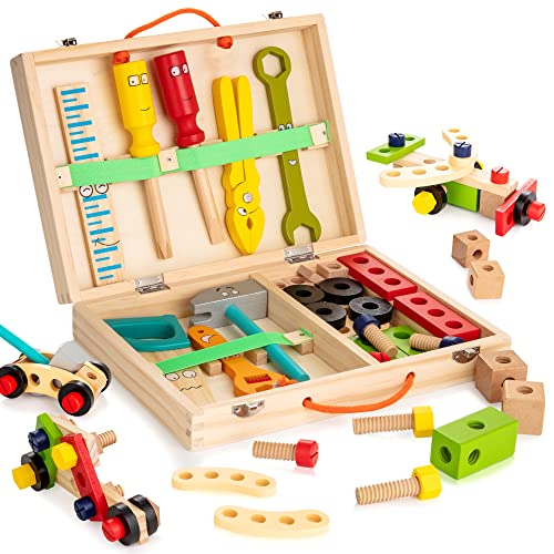 WOODMAM Werkzeug Koffer Set Konstruktion Spielzeug mit Werkzeugkasten sensorische Spielzeug für Kleinkinder Montessori pädagogische Gebäude Spielzeug Geschenk für ab 3 Jahre Jungen Mädchen Cover