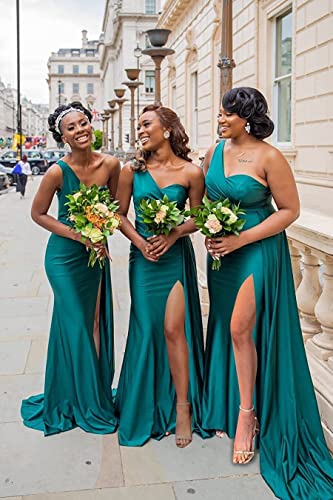 MiwiNovia One Shoulder Mermaid Bridesmaid Dresses for Women Satin Prom Dress with Slit Long Formal Dress MN5072