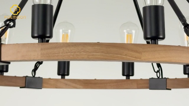 Image of Oak Wooden Wagon Wheel Chandelier 12-Light 31.5 inch Light Fixture