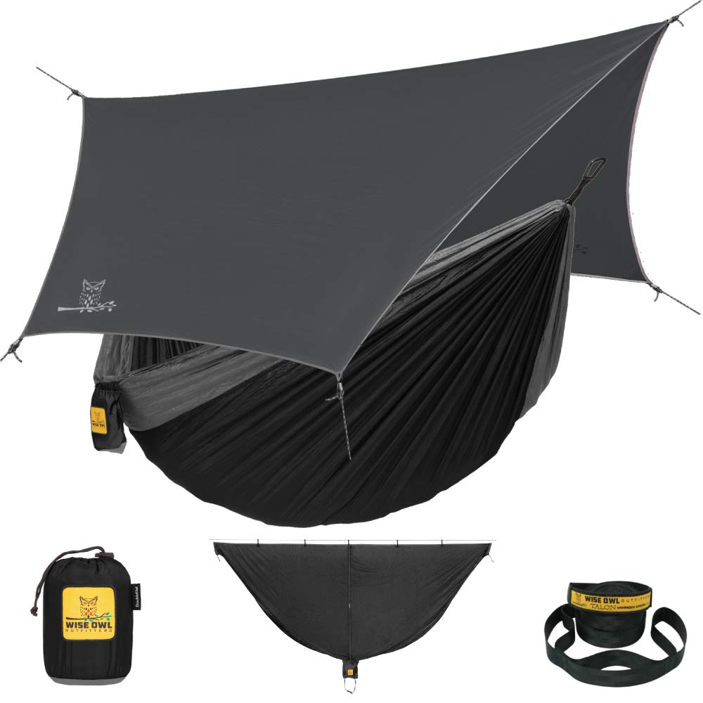 Wise Owl Outfitters Hammock Camping Single with Tree Straps - USA Based Hammocks Brand Gear, Indoor Outdoor Backpacking Survival &amp; Travel - Black + Bug Net &amp; Rain Tarp