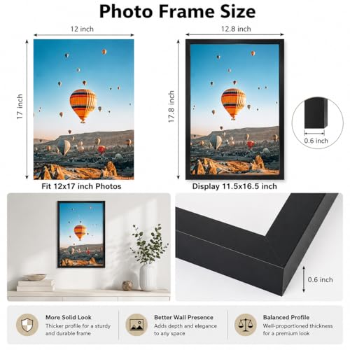 Image of JCJMY 12x17 Picture Frame Black for Wall Hanging, Wall Mounting Horizontally or Vertically, 12 x 17 Wall Gallery Poster Photo Frame with Shatter Resistant Plexiglass, Black