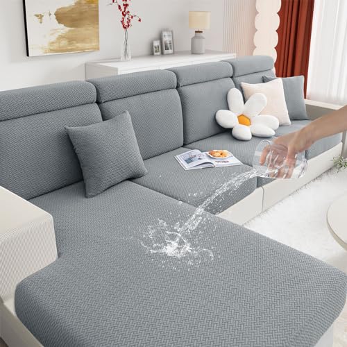 Image of hyha Waterproof Sectional Couch Cushion Covers, Wear Resistant Sofa Slipcovers Washable, Anti Slip L Shape Couch Covers for Sectional Sofa, Furniture Protector for Pets (1 Piece Chaise, Light Grey)
