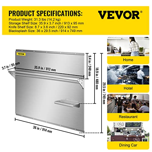 VEVOR Range Backsplash with Shelf 36 x 29.5 Inch Range Hood Wall Shield, Stainless Steel Backsplash Silver Splash Plate for Range Hood Stainless Backsplash with Built-in Storage Shelf and Hanging Rack