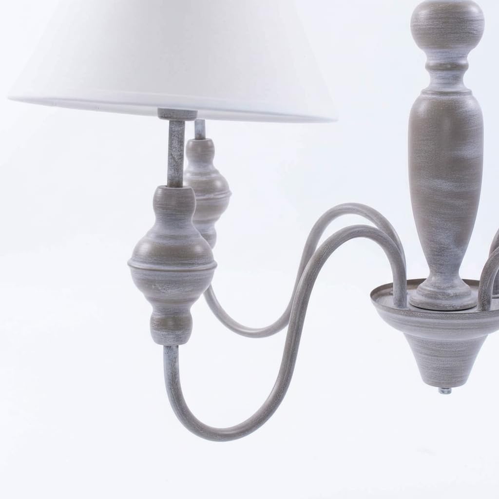 DiKasa Lampadario a Sospensione 4 Bracci in Metallo Grigio Stile Shabby Chic, Paralumi in Tessuto Bianco Smontabili, Attacco E14, Diametro 56 cm Altezza 95 cm