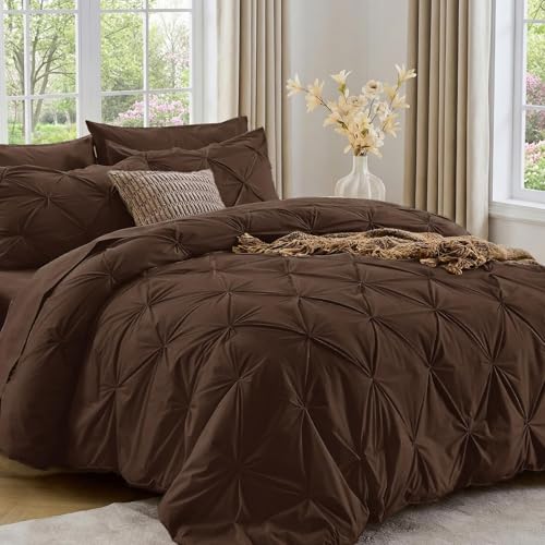 Image of Sasttie Twin Comforter Set, 5-Piece Bed in a Bag, Pintuck Bedding Sets for All Season, Includes Comforter, Flat Sheet, Fitted Sheet, Pillowcase and Pillowsham, Dark Brown
