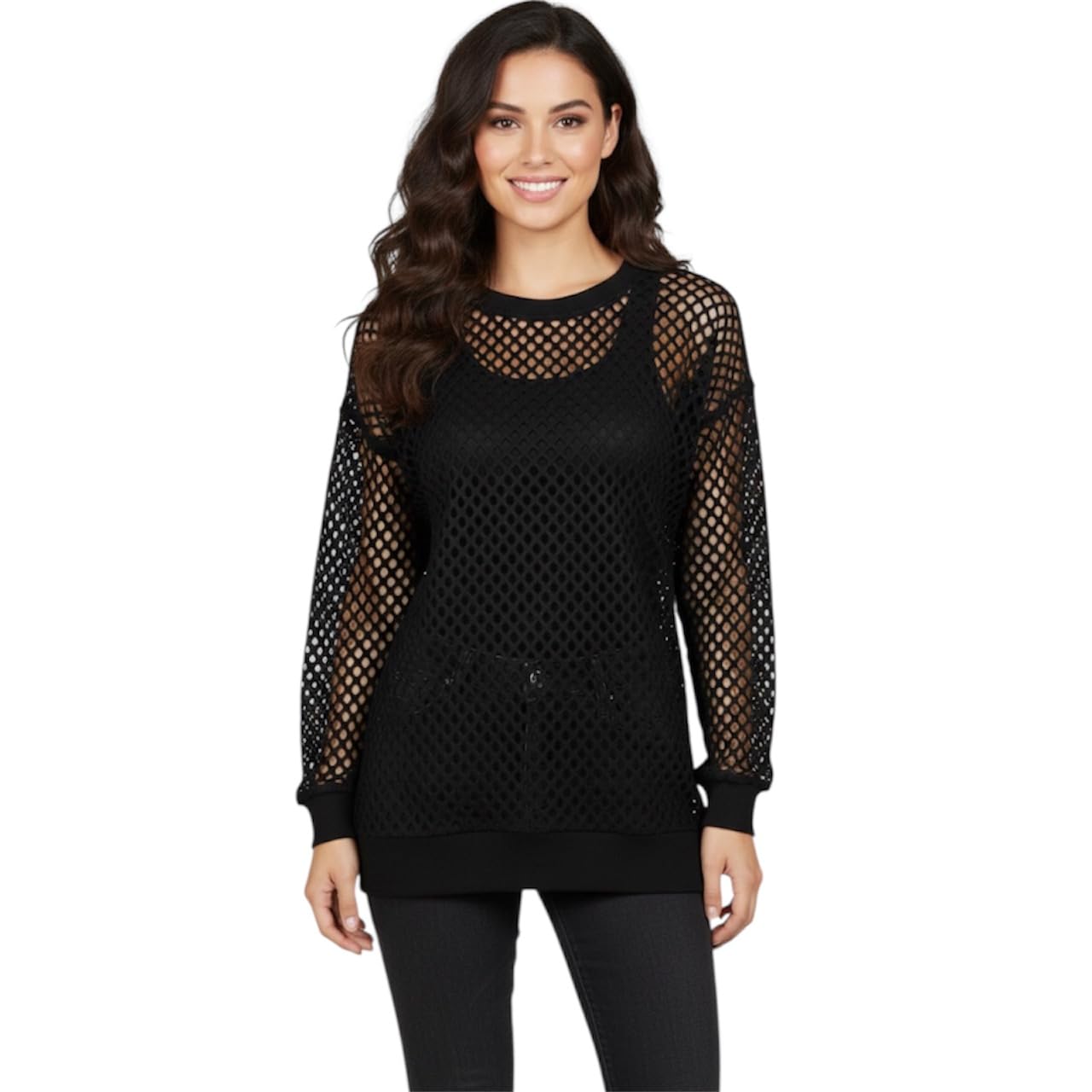 Women's Black Crochet Top M, Long Sleeve Mesh Knit Top, Shoulder 27.5 Bust 38 Inch, Round Neck, Casual Layering See Through-picture-50