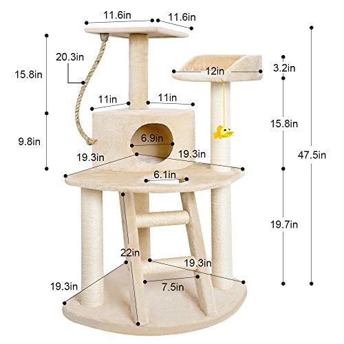 BEAU JARDIN Cat Tree Condo Furniture with Scratching Posts 47.5 Inch Cat Activity Tree Heavy Duty Corner Cat Tower Pet House Scratcher Multi-level Kitty Play House for Kitten with Perch Play Toy Beige