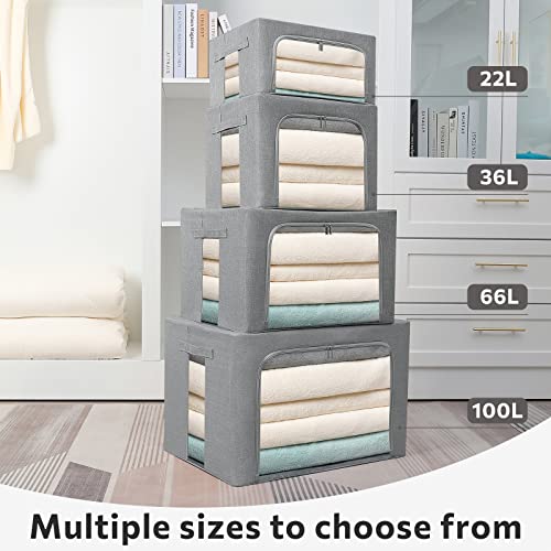 Extra Large Clothes Storage Bins - Foldable Metal Frame Storage Box - Stackable Linen Fabric Box Organizer Set With Carrying Handles And Clear Window -100L (Gray, 23.6X 16.5X 15.7 Inch) #TOP6
