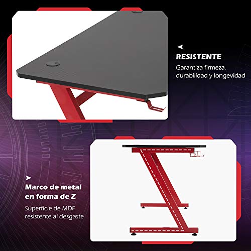 HOMCOM Mesa Gaming 120x65x74,5 cm Escritorio Ergonómico Gaming Desk para Computadora PC con Portavasos Gancho para Auriculares y Pies Ajustables Efecto de Fibra de Carbono Rojo