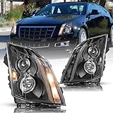 JSBOYAT Projector Headlight Assembly Replacement for 2008-2014 Cadillac CTS 2-Door Coupe Sedan Wagon Black Driver and Passenger Side Signal and Side Mark Light Included, Not Suitable for HID Style