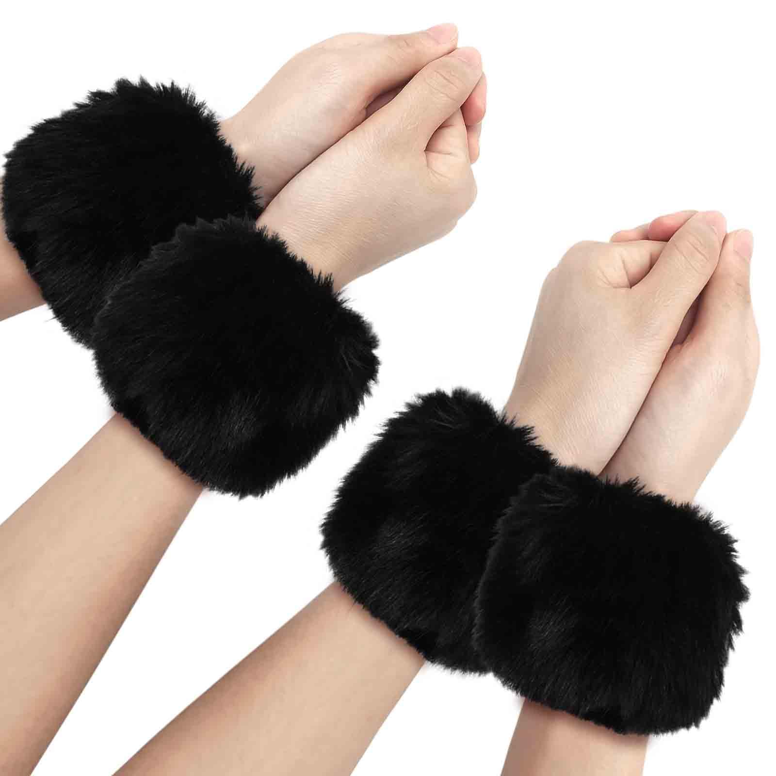 EUPSIIU 2 Pairs Faux Fur Wrist Cuffs, Women's Cuffs, Warmers Fuzzy Wrist Cuff, Fluffy Wristbands, Warmers Wrist Band, Cuffs Warmer, Fur Wristbands, Arm Warmer Sleeves for Women Girls Favors (Black)