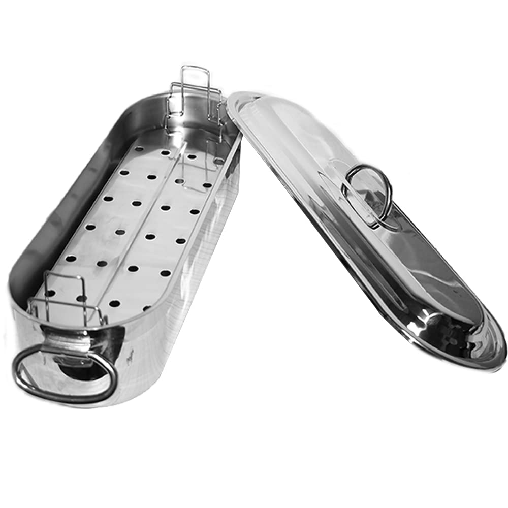 Pesciera con griglia e Coperchio cuoci Pesce becchetti Acciaio Inox 18/10 Manici reclinabili casseruola pentola Ovale per Cucina Ristorante