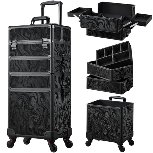 Valise de Maquillage 4-en-1 XXL Grande Capacité, Cadre Aluminium Mallette Cosmétique Verrouillable à roulettes 360°, pour Coiffure, Onglerie, Alpine Noir