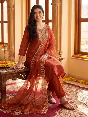 Image of INDO ERA Women's Silk Blend Embroidered Thread Work Kurta & Pant with Dupatta Set | Suit Set For Women