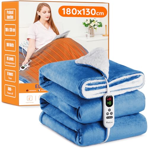 Mia&Coco Electric Heated Blanket Throw Flannel Sherpa Fast Heating 180x130cm, 10 Heat Levels & Up-to-9-Hours Auto-Off Timer & LED Display, for Home Office Use, Machine Washable, ETL Certified, Blue option