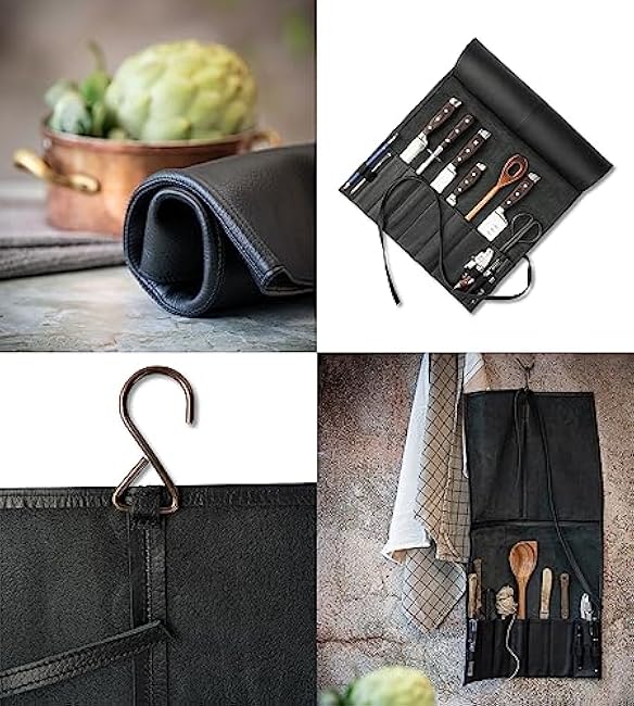 Leather Knife Roll Bag for Chef`s - Premium Knife Roll Case made of Genuine Water-Buffalo Leather, knives storage Bosse (black)