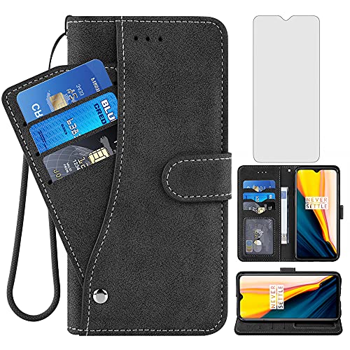 Compatible with OnePlus 7 6T Wallet Case and Tempered Glass Screen Protector Flip Credit Card Holder Stand Cell Phone Cover for OnePlus6T A6013 OnePlus7 GM1900 One Plus6T Plus7 1 Plus 1plus T6 Black