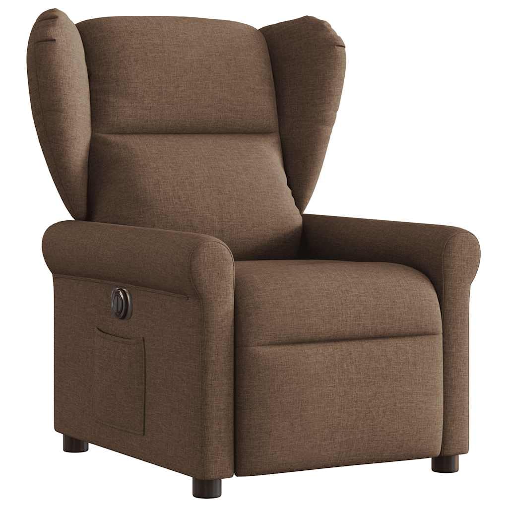 Sillón de relax eléctrico de tela marrón con función reclinable y respaldo ajustable, acolchado con reposabrazos, sillón ergonómico de madera y metal para salón, rincón de lectura, oficina