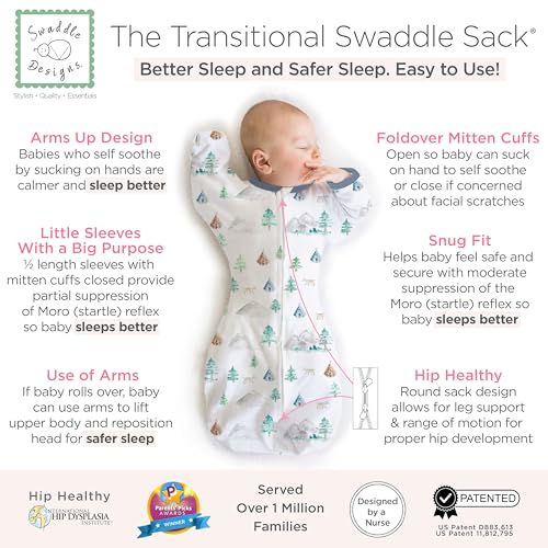 Image of SwaddleDesigns Transitional Swaddle Sack, Arms Up Half-Length Sleeve & Mitten, Most Gradual Transition Swaddle for Newborn
