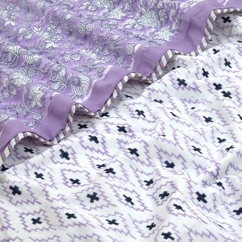 Image of TOAIArt Premium Jaipuri Dohar | AC Blanket Summer Quilt | Hand Block Printed | 3 Layers | Reversible | 150GSM 100% Mulmul Cotton | 100% Cotton Flannel Filling | King 108 inch X 90 inch |Lavender Kalamkari